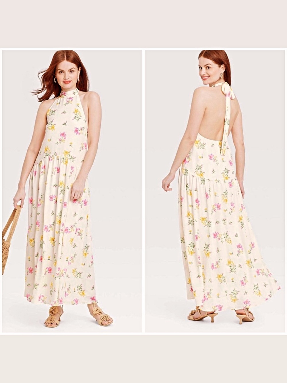 NWT! Anthropologie style Halter Maxi Sundress in Cream Floral